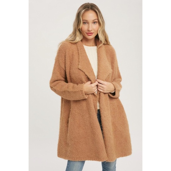 SOLD OUT Camel Soft Fuzzy Drape Front Dolman Oversized Knit Cardigan Sweater - Picture 3 of 8